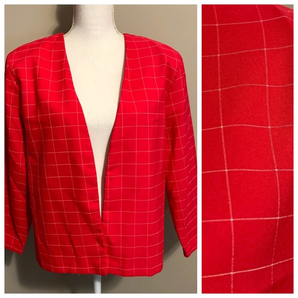 VTG 80s Hot Pink & White Windowpane Plaid Blazer